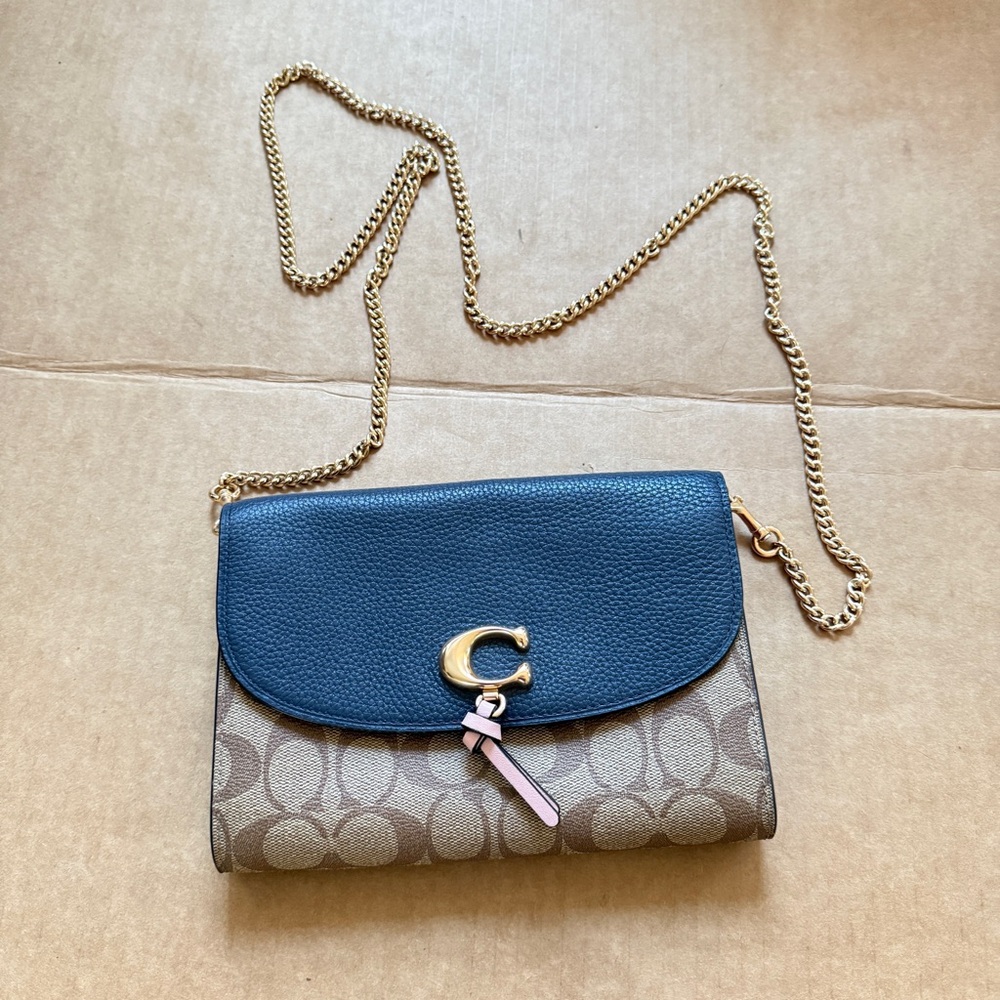 Coach Navy and Tan Crossbody Bag with Gold Chain